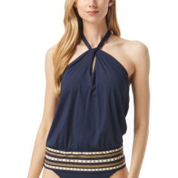 Michael Kors Logo Printed Twist Halter Tankini Top Blue Swimsuit S - Picture 1 of 1